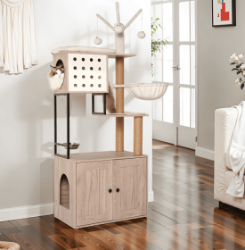 Cat Tree With Litter Box Enclosure - Modern Cat Condo With Scratching Posts, Feeding Bowl & Removable Pompom Sticks, Gray (Option: Gray)